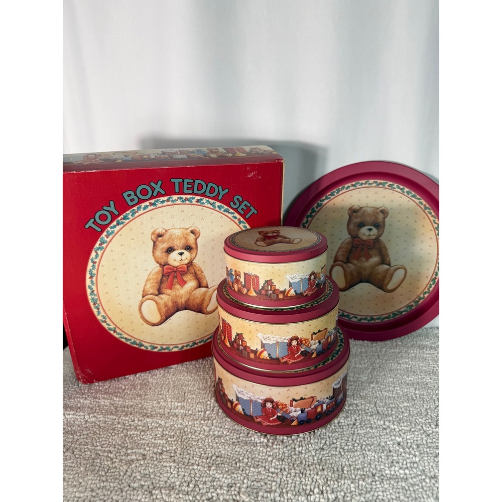 VTG 1989 House of Lloyd Toy Box Teddy Set 3 Nesting‎ Cookie Tins & Tray 4 Pc New
